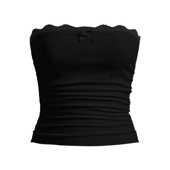 Tops - Black Ribbed Lace Trim Tube Top | Strapless Y2K Style |